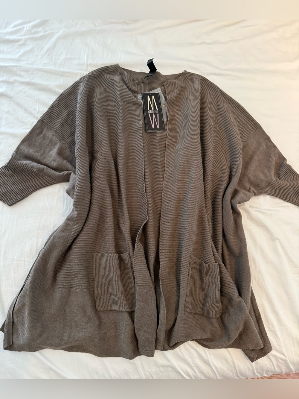 New Linen/Cotton Taupe Open-Front Knit Cardigan